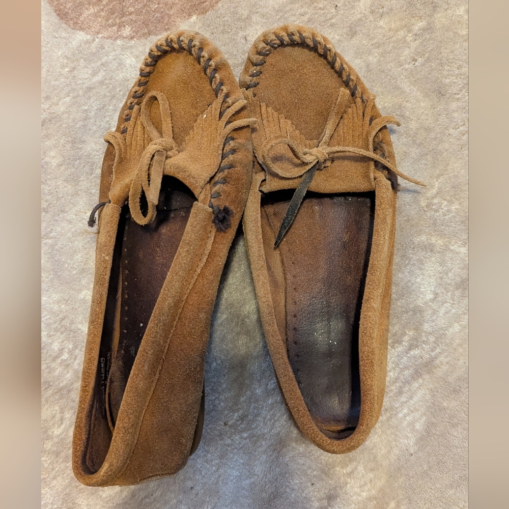 Minnetonka Tan Suede Moccasins with Rubber Sole